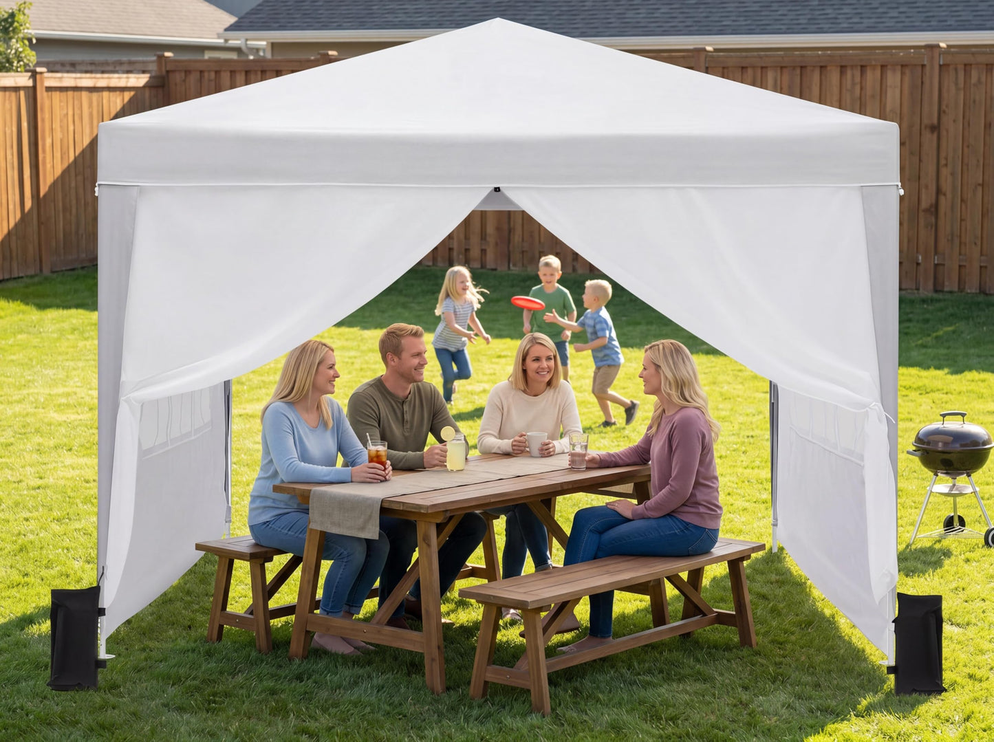 10x10 Pop Up Canopy Tent with Sidewalls, Outdoor Instant Canopy Tent with Carry Bag for Commercial Events, Camping, Beach, Backyard, White