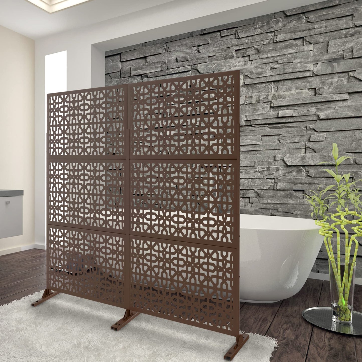 Elevens Outdoor Decor Privacy Fence Screen Metal Fence Panels,Decorative Privacy Screen with Stand,Outdoor Divider for Garden Patio Backyard,76" H×35" W(Brown-Perilla)