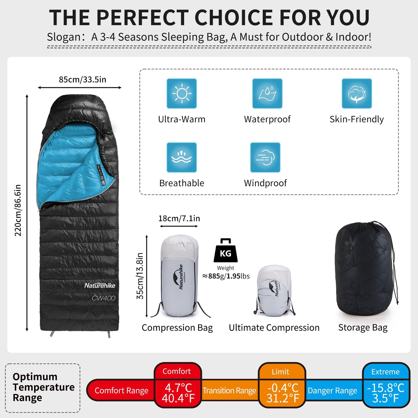 Naturehike Ultralight Down Sleeping Bag, 650FP Backpacking Sleeping Bag for Adults, 40.4℉ Waterproof Sleeping Bags for Camping, Hiking, Traveling with Compression Sack