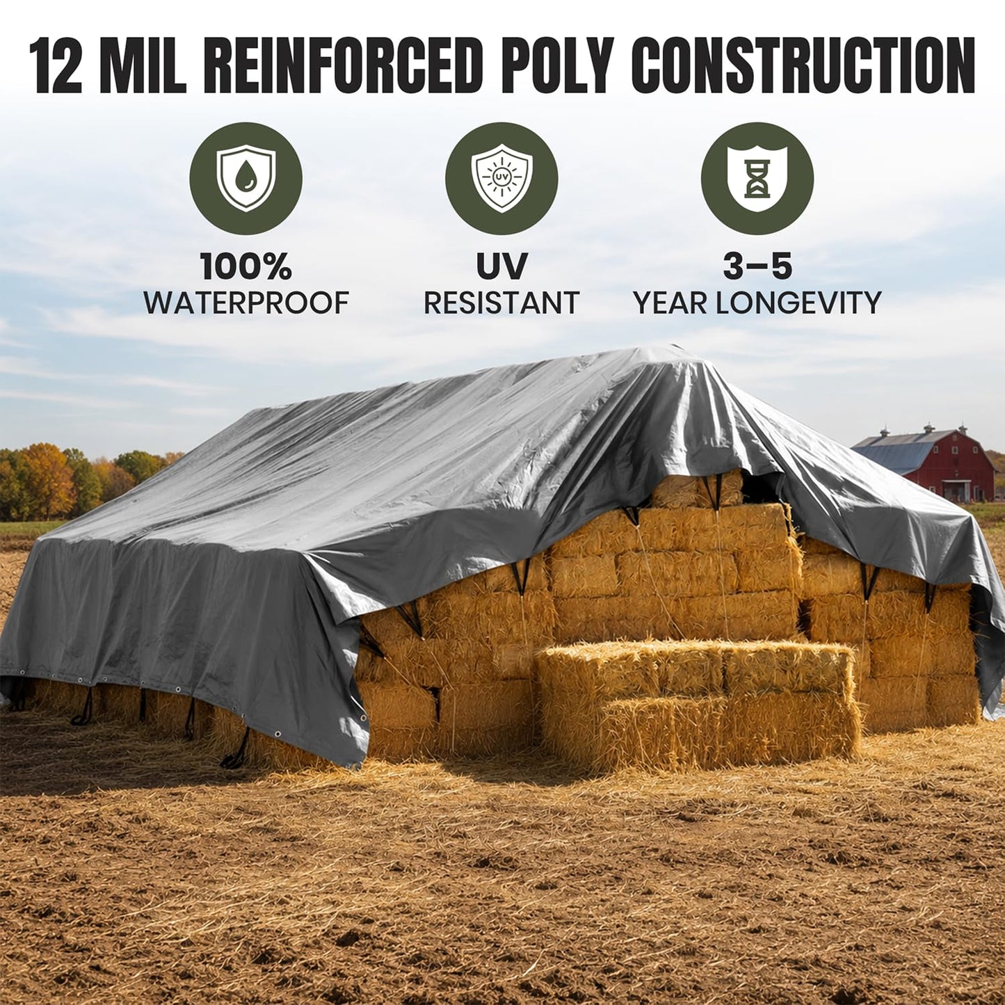 Tarps Now | Heavy Duty Waterproof Hay Tarp 25' x 33' ft | Multipurpose 12 Mil Poly Tarpaulin Sheet Cover | #2 Brass Spur Grommets | Agricultural, Camping Tents & Weather Protection | Silver & Black
