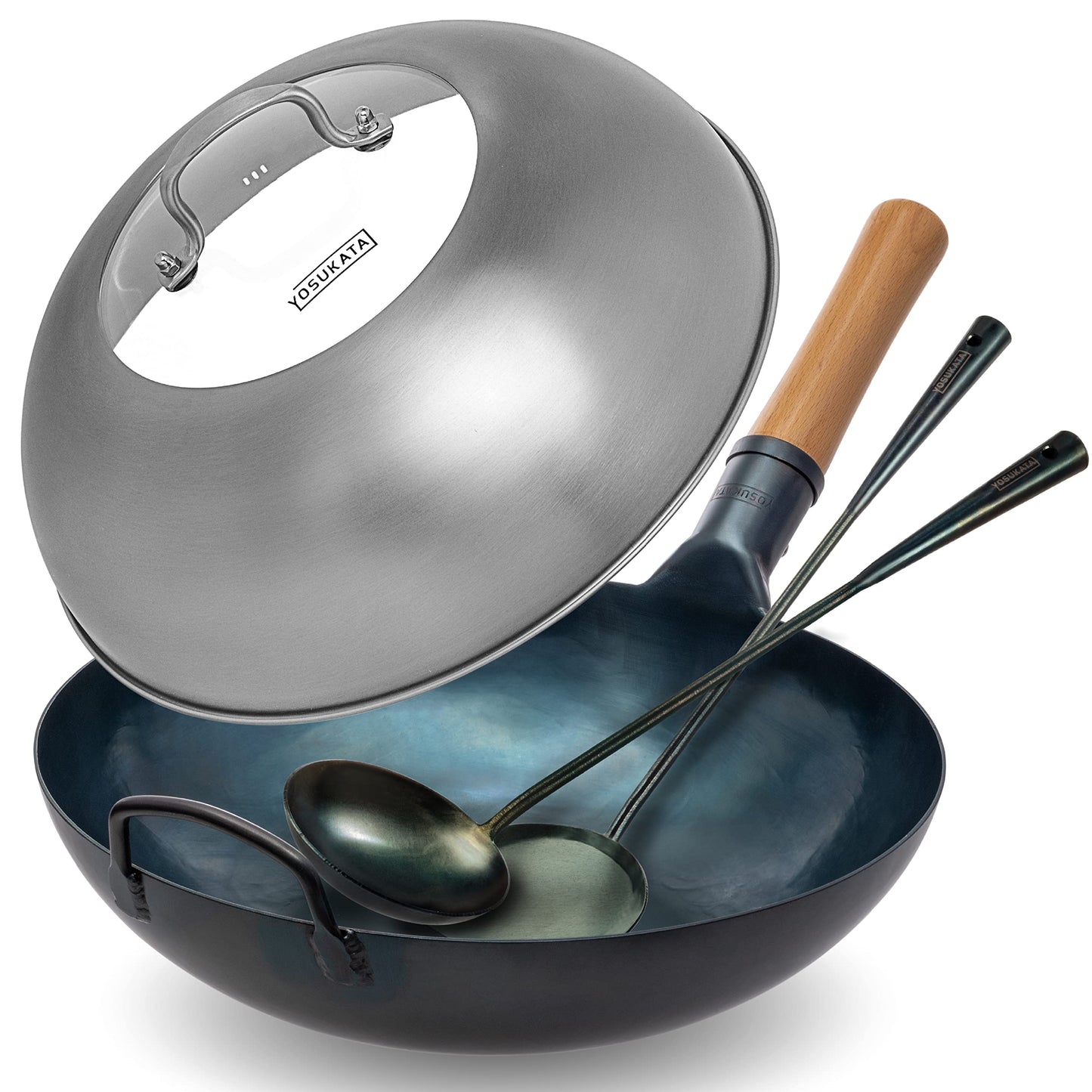 YOSUKATA Carbon Steel Flat Bottom Wok Pan - 13.5" + Wok Lid 12.8 Inch - Cover with Tempered Glass Insert Steam Holes + Blue Carbon Steel 17-inch Spatula, Ladle, 3 pairs Chopsticks