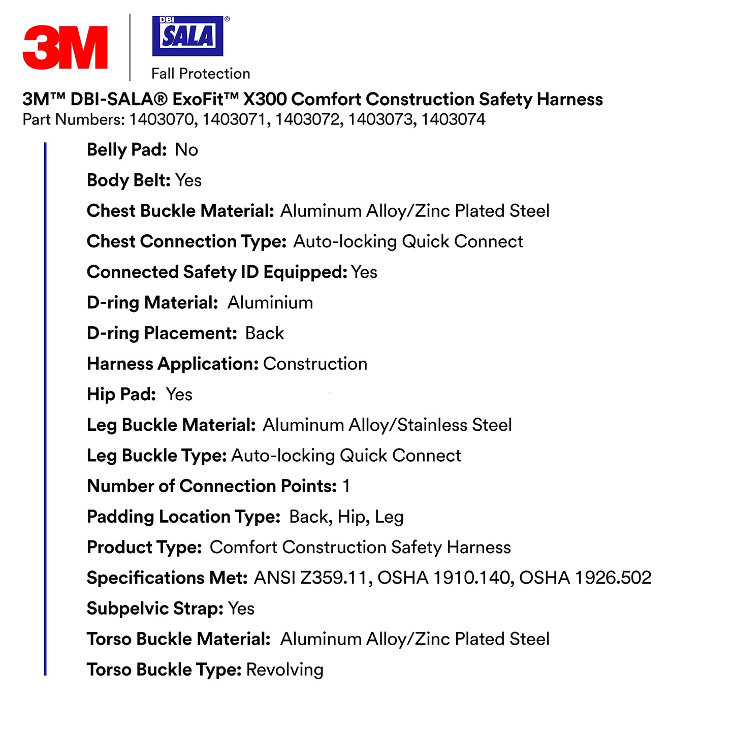 3M 1403071 DBI-SALA ExoFit X300 Comfort Construction Safety Harness Fall Protection, OSHA, ANSI, Lightweight Aluminium Back D-Ring, Auto-Locking Quick Connect Chest and Leg Buckles, Medium