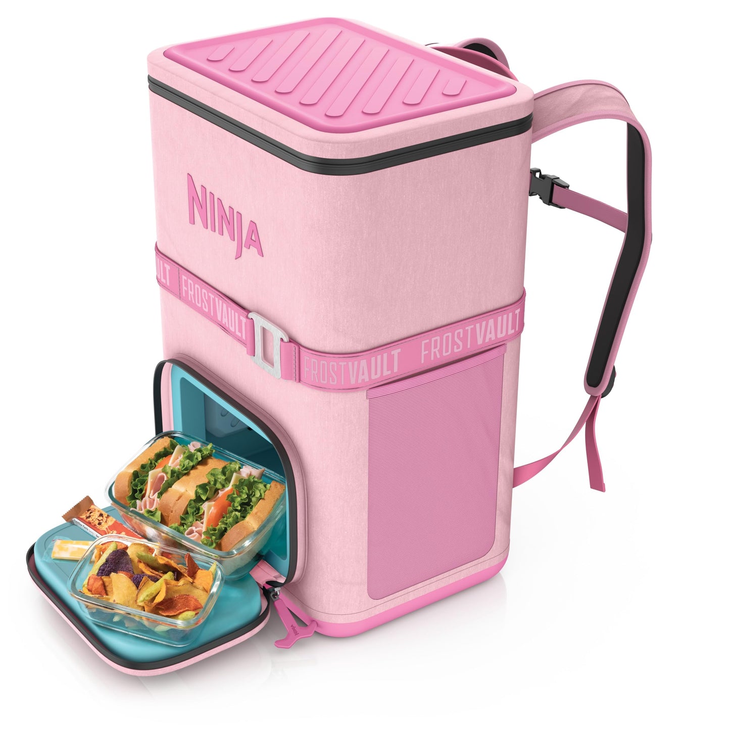 Ninja FrostVault Go Backpack Soft Cooler with Cold Dry Zone Storage, Ergonomic Backpack Straps for Lightweight Carrying, Premium Heavy Duty Insulated Cooler, Keeps Ice for Hours, Petal Pink, FF136PK