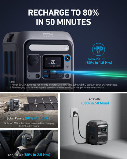 Anker Portable Power Station SOLIX C300, 288Wh LiFePO4 Backup Battery, 300W Solar Generator, 140W Two-Way Fast Charging, for Camping, Hunting, Travel, Blackout & Emergencies (Solar Panel Optional)