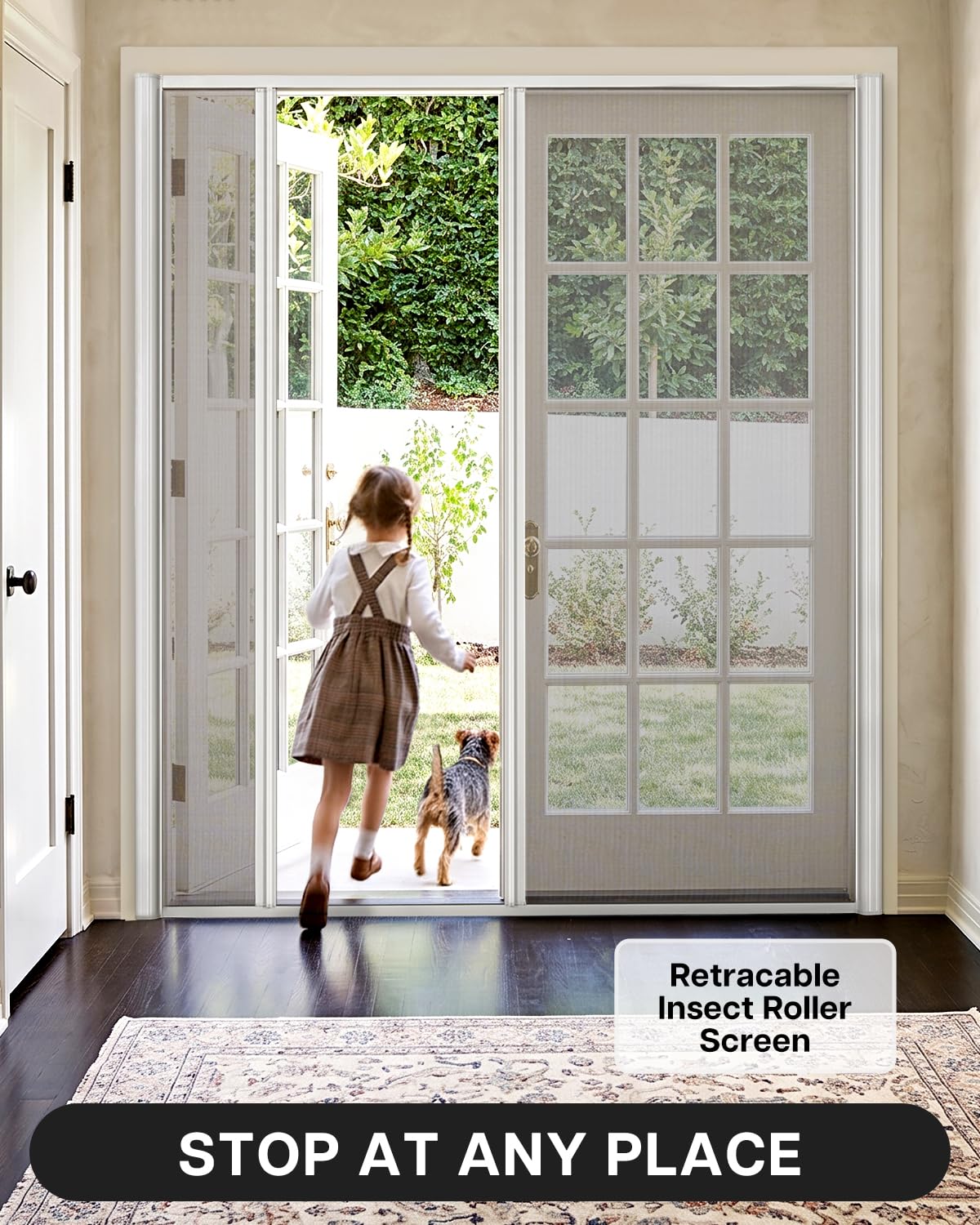 Paramondo Retractable Screen for Double Doors - Self-Stop Sliding Patio Screen with Aluminum Frame & Fiberglass Mesh, White, Size 72 3/4" W x 81 3/8" H