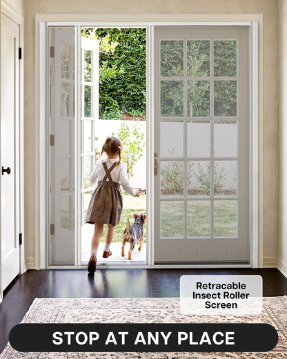 Paramondo Retractable Screen for Double Doors - Self-Stop Sliding Patio Screen with Aluminum Frame & Fiberglass Mesh, White, Size 72 3/4" W x 81 3/8" H