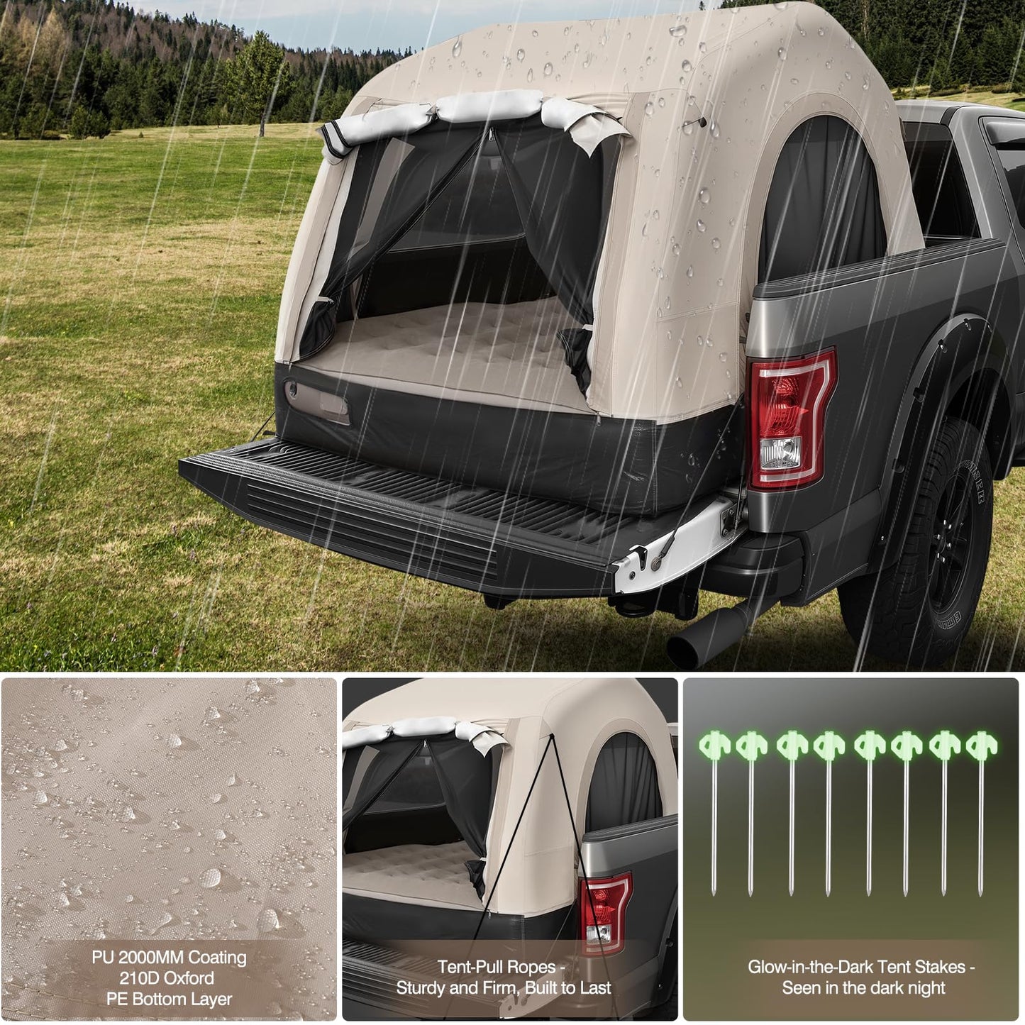 OPL5 Inflatable Truck Bed Tent & Air Mattress, Truck Air Mattress for 5.5-6.5FT, 12'' Height 2-3 Person Fast Setup Ground & Pickup Tent Mattress with Rechargeable Pump for Camping Travel, 600lbs Max