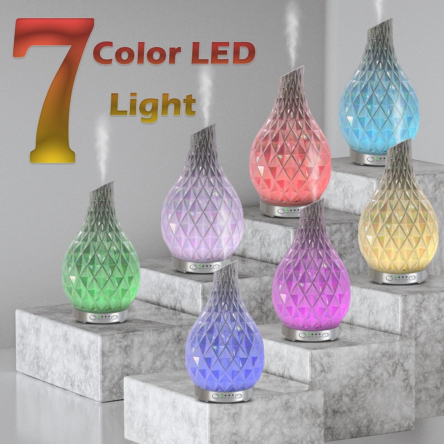 MAXWINER Essential Oil Diffusers Ultrasonic 3D Glass Aromatherapy Diffuser, Auto Shut-Off, Timer Setting, 7 Colors LED Lights Changing for Home, Office, Spa 120ml