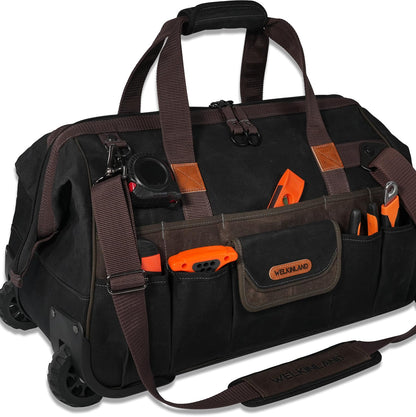 WELKINLAND 48Pockets Tool Bags With Wheels, 22Inch Rolling Tool Bag, Waxed Canvas Tools Bag Rolling Heavy Duty, Large Roll Tote For HVAC, Technician Rolling Tool Bag, Rolling Electrical Tools Bag