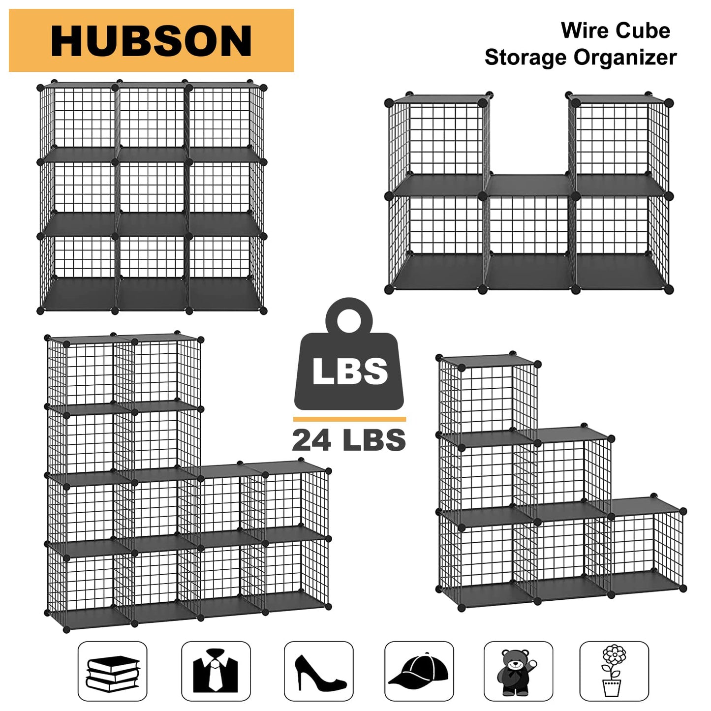 HUBSON Wire Cube Storage Organizer, Book/Toy/Craft/Potted Plants and petCloset Organizers and Storage Shelves, 25-Cube Freely Combinable Metal Grids Storage Shelf,Black Plus Iron