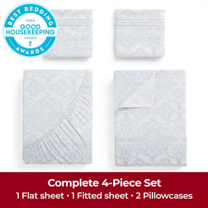 Mellanni Extra Deep King Sheets - 4 PC Hotel Luxury Bedding Set - Ultra Soft, Cooling, Stain Resistant | Laced Sky Blue