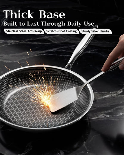 XBM Nonstick Frying Pan Set with 3 Lids, 8+10+12 Inch, Honeycomb Stainless Steel Skillet Pans Set, PFOA-Free Scratch-Proof, Dishwasher & Oven Safe, Compatible with All Cooktops