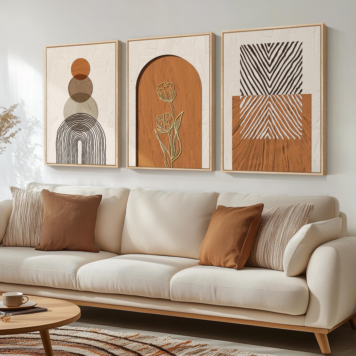 Framed Boho Sage Green Wall Art for Living Room, Large Mid Century Modern Tropical Leaf Canvas Artwork for Walls, 3 Piece Beige Orange Bohemian Wall Art Prints for Bedroom Kitchen Hallway, 16x24 Inch