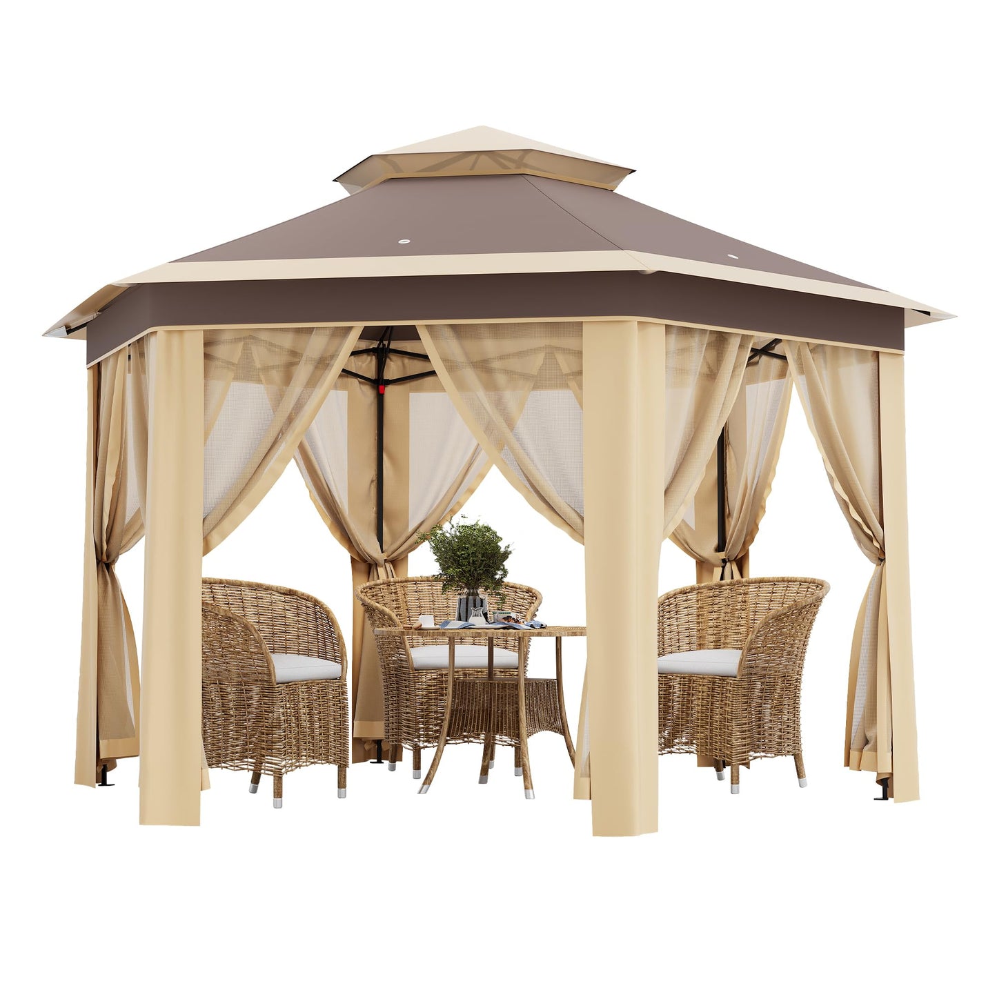 Garvee Pop Up Gazebo Screen Tent, Hexagonal Instant Gazebo Tents with Mosquito Netting Outdoor Canopy, 6 Sided Sun Shelter 13x13 ft with Mesh Netting, Pavilion Tent for Patio, Khaki+Beige