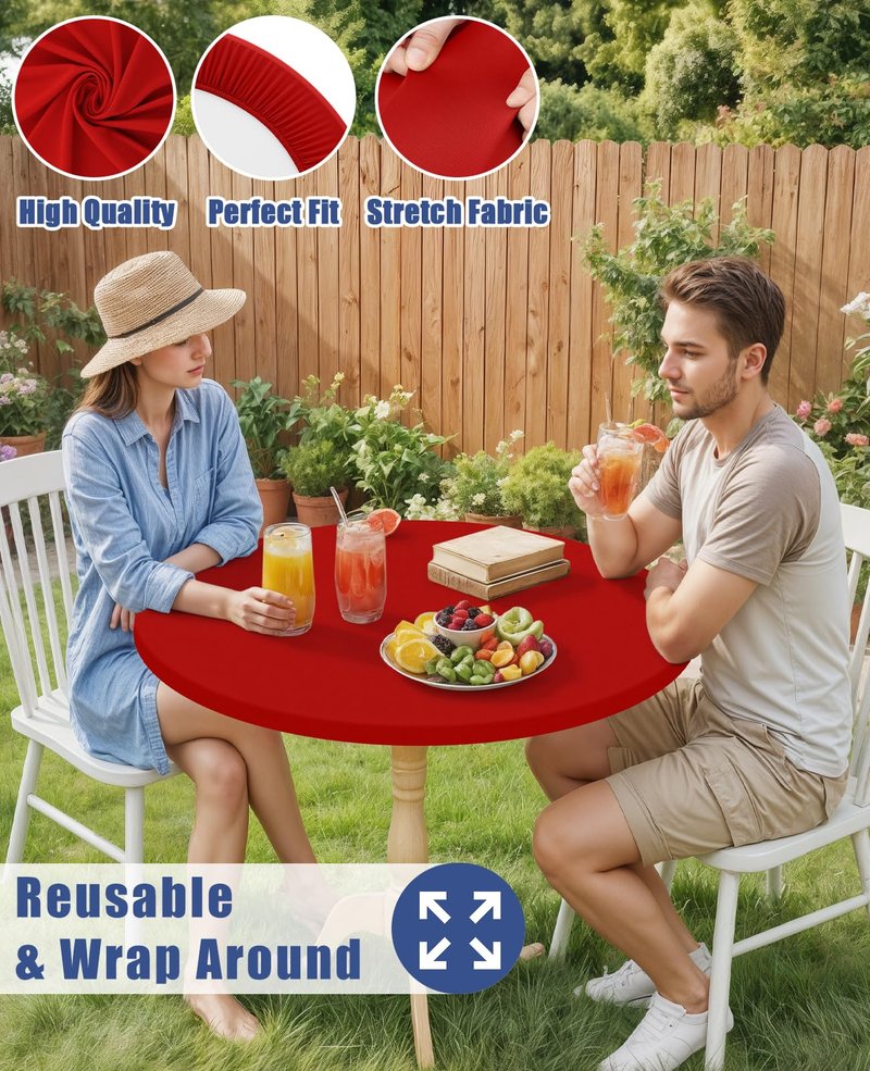 Moosfor Round Spandex Tablecloth, Elastic Fitted Waterproof Tablecloths for 31"-35" Tables, Stretch Washable Picnic Table Cover for Camping, Dining, Indoor and Outdoor, Red