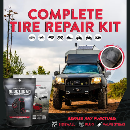 GlueTread Complete Off-Road Tire Repair Kit - Fix Sidewall Damage and Punctures - Includes Heavy Duty Tire Patch Kit, Plugs & Colby Emergency Valve Stem - Enhanced Rubber Formula, Fast Setting
