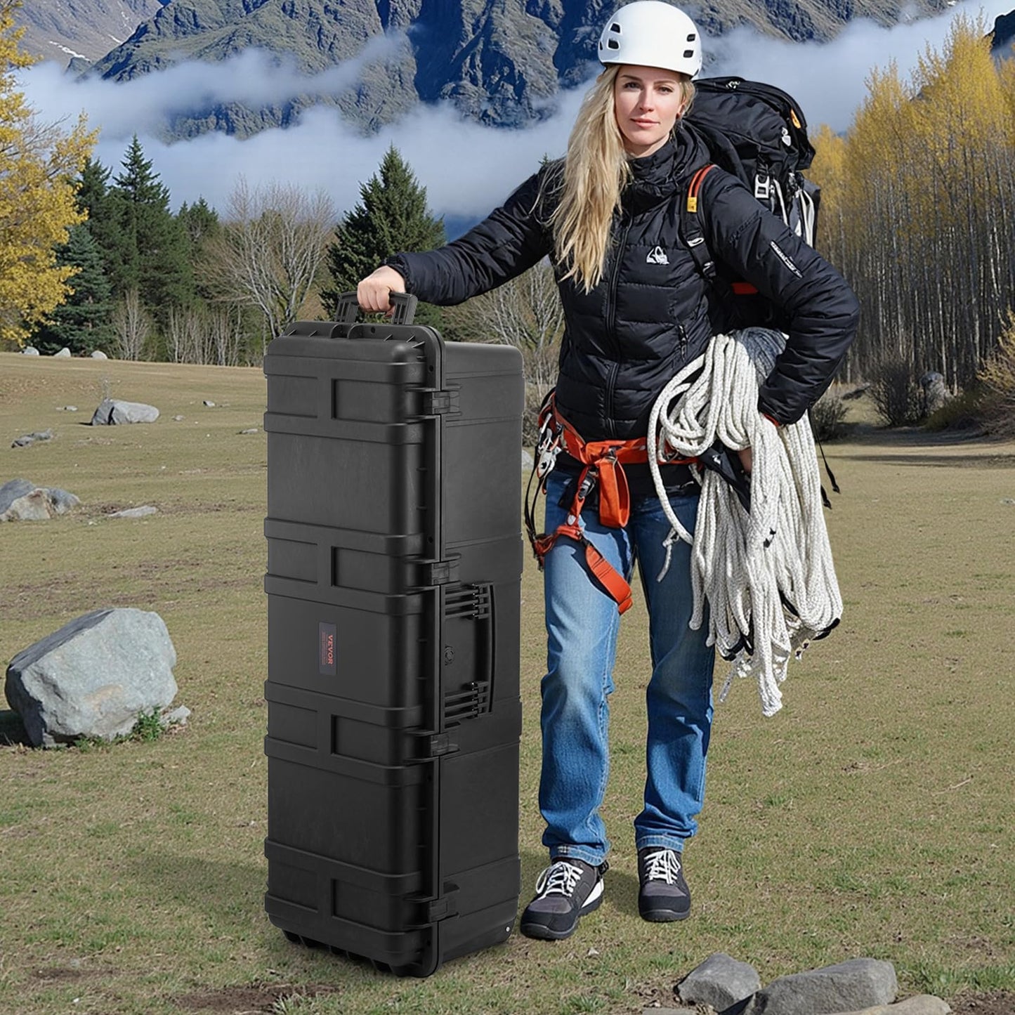 VEVOR Weatherproof Hard Case, Heavy Duty Protective Dry Box Case with Pre-Cut Foam Retractable Pull Handles for Travel, Hunt, Military, Tactical, IP67 Waterproof, for Cameras(44.09 * 15.94 * 13.46)