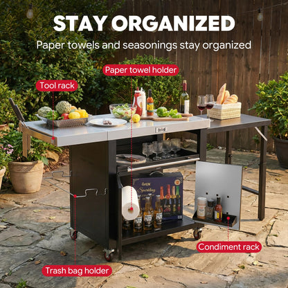 Feasto Outdoor Kitchen Island with Cabinet, Outdoor Grill Table with Stainless Steel Top for Pizza Oven& Griddles, Movable Bar Cart with Pull-Out Plate for Parties& Gathering, Heavy-Duty, L74”x W24”
