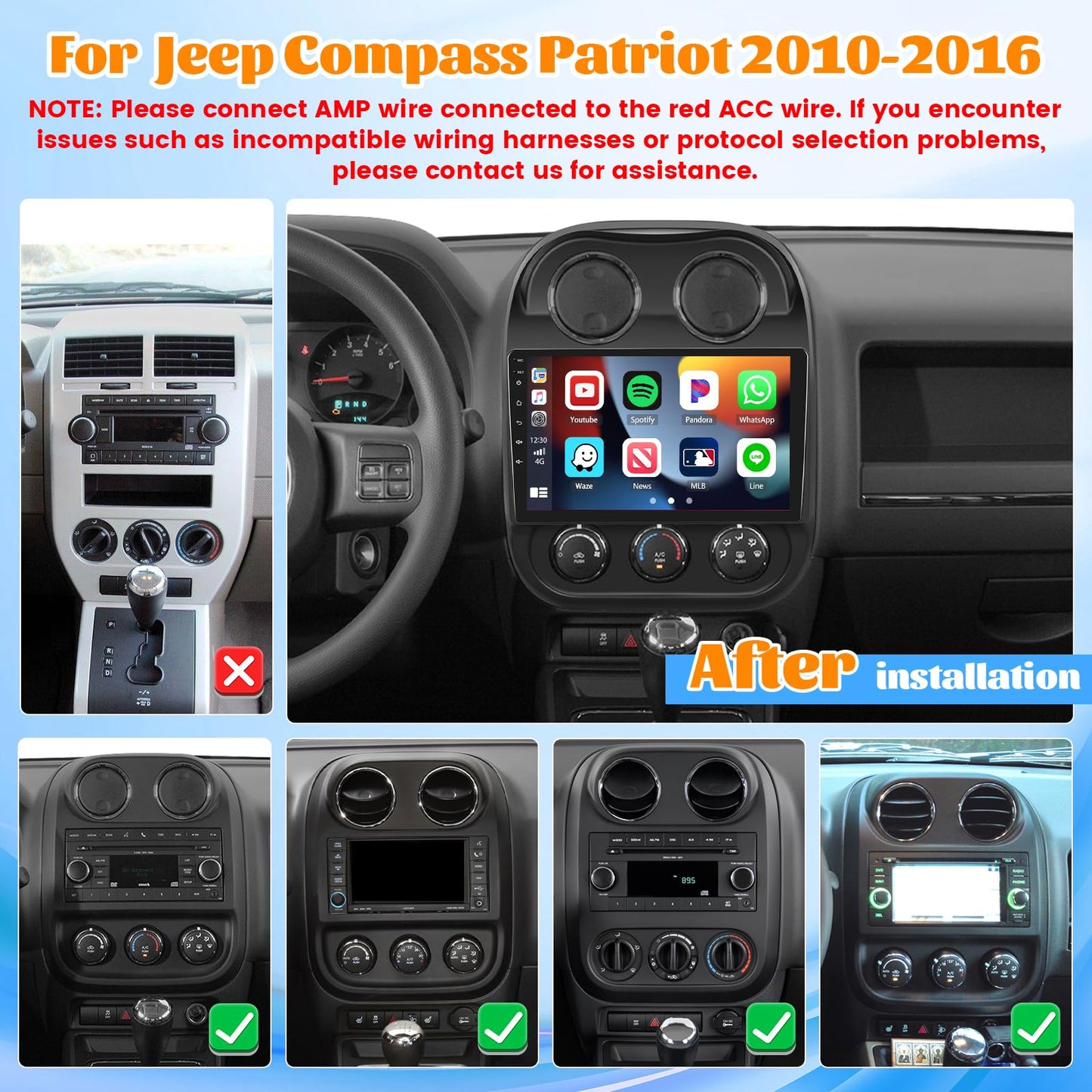 Roinvou 2+64G Android 10.1" Touch Screen for Jeep Compass Patriot 2010-2016 with Wireless CarPlay Android Auto WiFi Bluetooth GPS Navigation FM RDS Radio Backup Camera