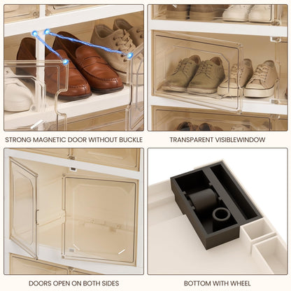 Tykacna Foldable Shoe Rack Organizer with Magnetic Clear Doors, 9 Tier Collapsible Shoe Storage Cabinet, Large Plastic Portable Shoe Box with Wheels for Closet, Entryway, Bedroom, Fits 18 Pairs