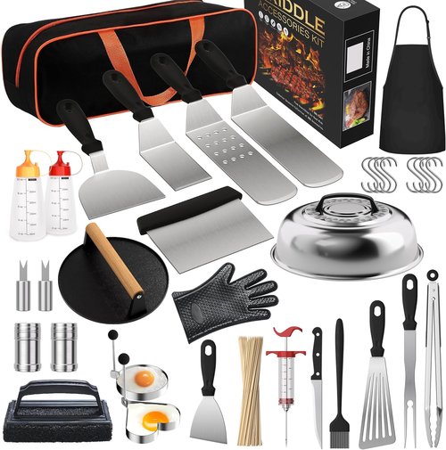 Blackstone Griddle Accessories Kit - 134 Pcs Hibachi Grill Tools with Spatula, Basting Cover & Burger Press