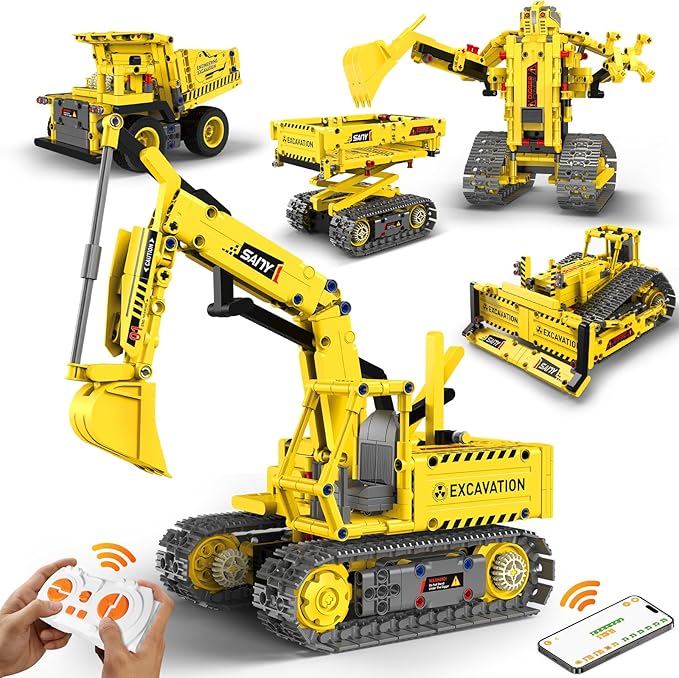 Robot Building Kits 5-in-1 Stem Toys for Boys Age 8-14 APP &amp Remote Control Excavator Kids Construction Toys Programmable Erector Sets Educational Robotic Kit Gifts for Girls Boys (555 PCS)