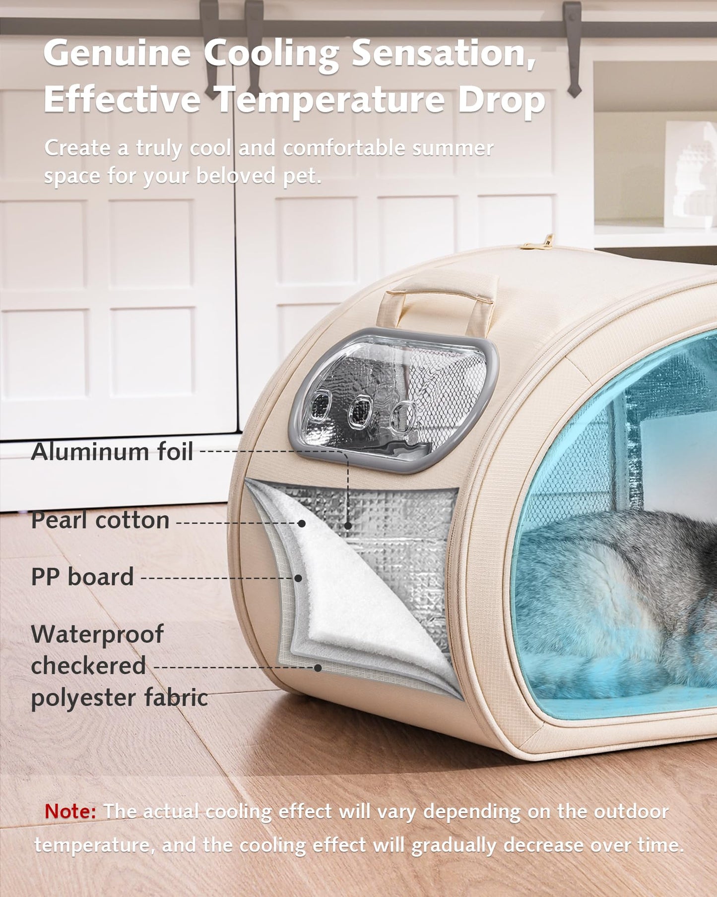 Pecute Cooling Cat House, with Cooling Mat for Small Dogs, Indoor Cat Bed with Insulation and 6 ice Packs Cooling for Cat and Dog, Foldable Outdoor Cat House for Hot Summer Days, M, Cream