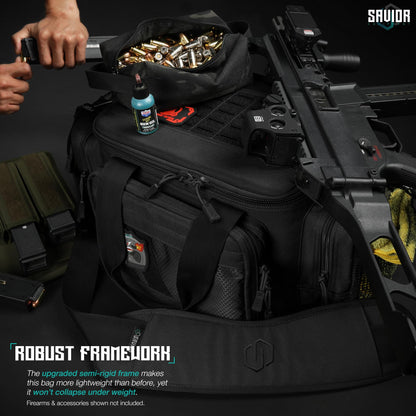 Savior Equipment Specialist Series Tactical Triple Pistol Shooting Range Hunting Duffle Bag Gun Carrying Case, Rigid Compartment Frame, Lockable Zippers (Obsidian Black, 18" x 9" x 12" Range Bag)