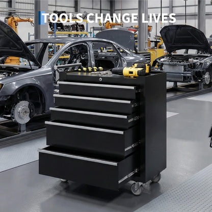 Rolling Tool Chest with Wheels, 5 Drawer Tool Storage Cabinet, Portable Toolbox Organizer with Lock, Heavy Duty Tool Chest Cart for Garage, Mechanic, Workshop, Shop, Mobile Tool Organizer, Black