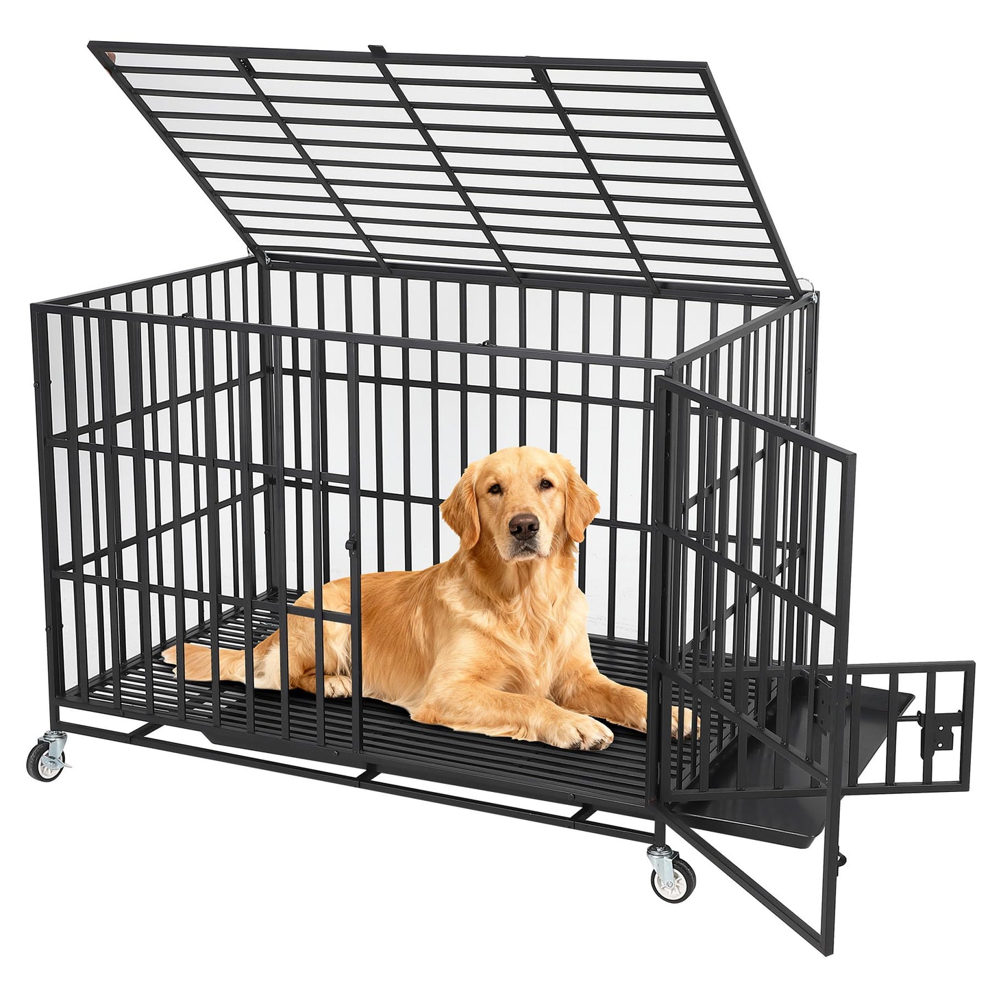 GarveeHome 49" Heavy Duty Metal Dog Crate - Escape Proof Kennel with Wheels, 3-Door Large Dog Cage & Removable Tray for Large and Medium Breed Dogs, Black