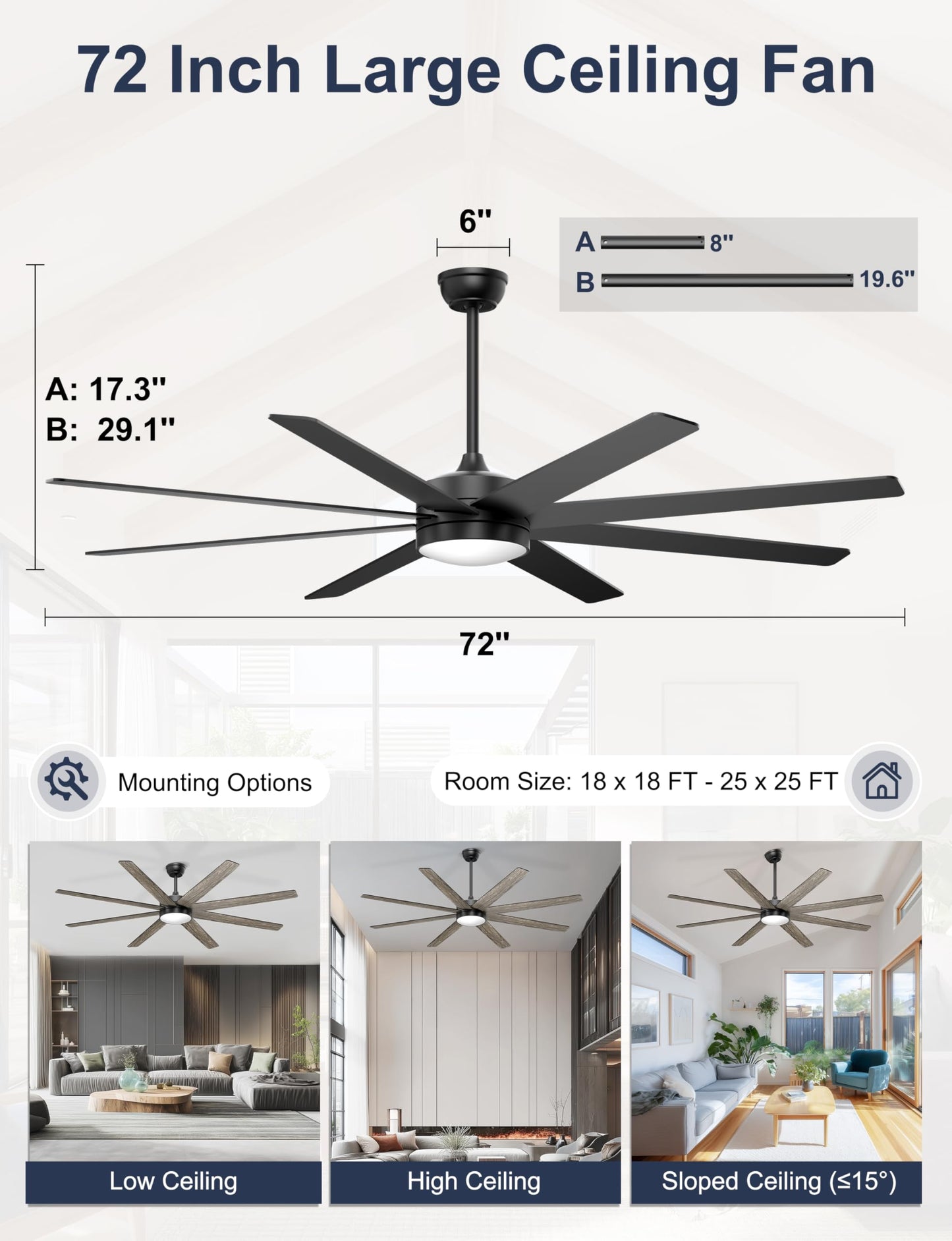 Phylluz 72'' Large Ceiling Fans with Lights, Modern Black Ceiling Fan Remote/APP Control, Dimmable, Quiet DC Motor Big Ceiling Fan for Indoor/Covered Outdoor