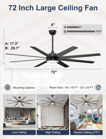 Phylluz 72'' Large Ceiling Fans with Lights, Modern Black Ceiling Fan Remote/APP Control, Dimmable, Quiet DC Motor Big Ceiling Fan for Indoor/Covered Outdoor