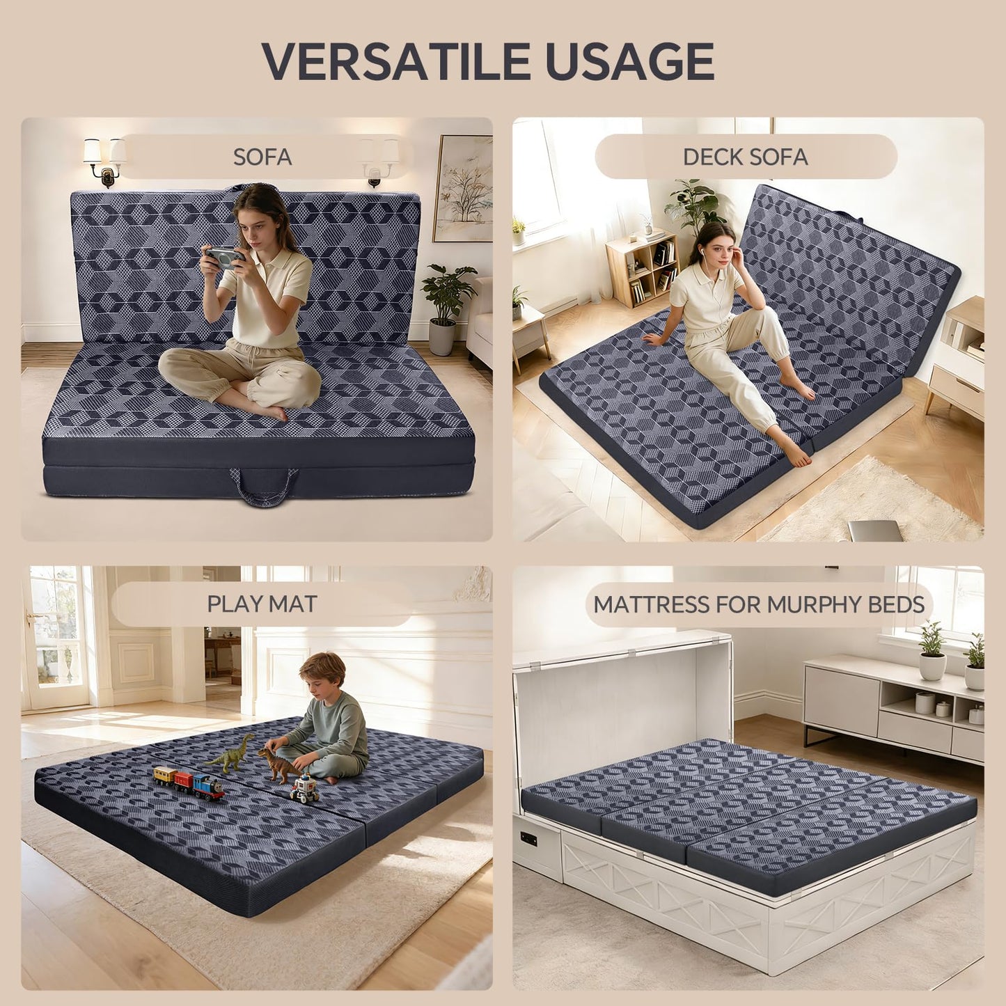 Ciremiv Tri-Fold Mattress Twin Size, 4 Inch Memory Foam Mattress with Washable Cover, Handles and Non-Slip Bottom- Portable Folding Mattress for Guest Bed, Camping, Travel & Floor Sleeper,Dark Grey