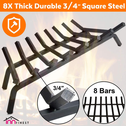 InnFinest 33 inch 8 Bar Fire Grates, Heavy Duty Solid Steel Indoor Chimney Hearth Outdoor Fire Place Kindling Tool Pit Wrought Iron Wood Stove Firewood Burning Rack