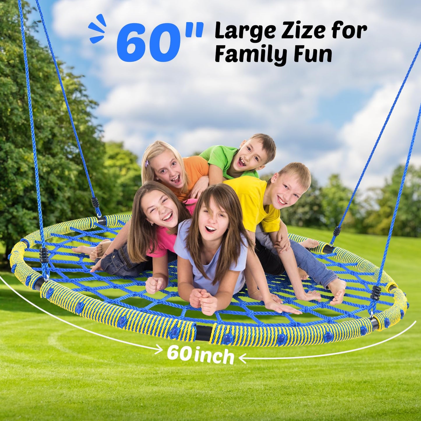 Trekassy 60" Large Spider Web Saucer Tree Swing for Kids & Adults, 750lbs Heavy Duty Outdoor Net Swing with Steel Frame and 2 Tree Hanging Straps (Patented)