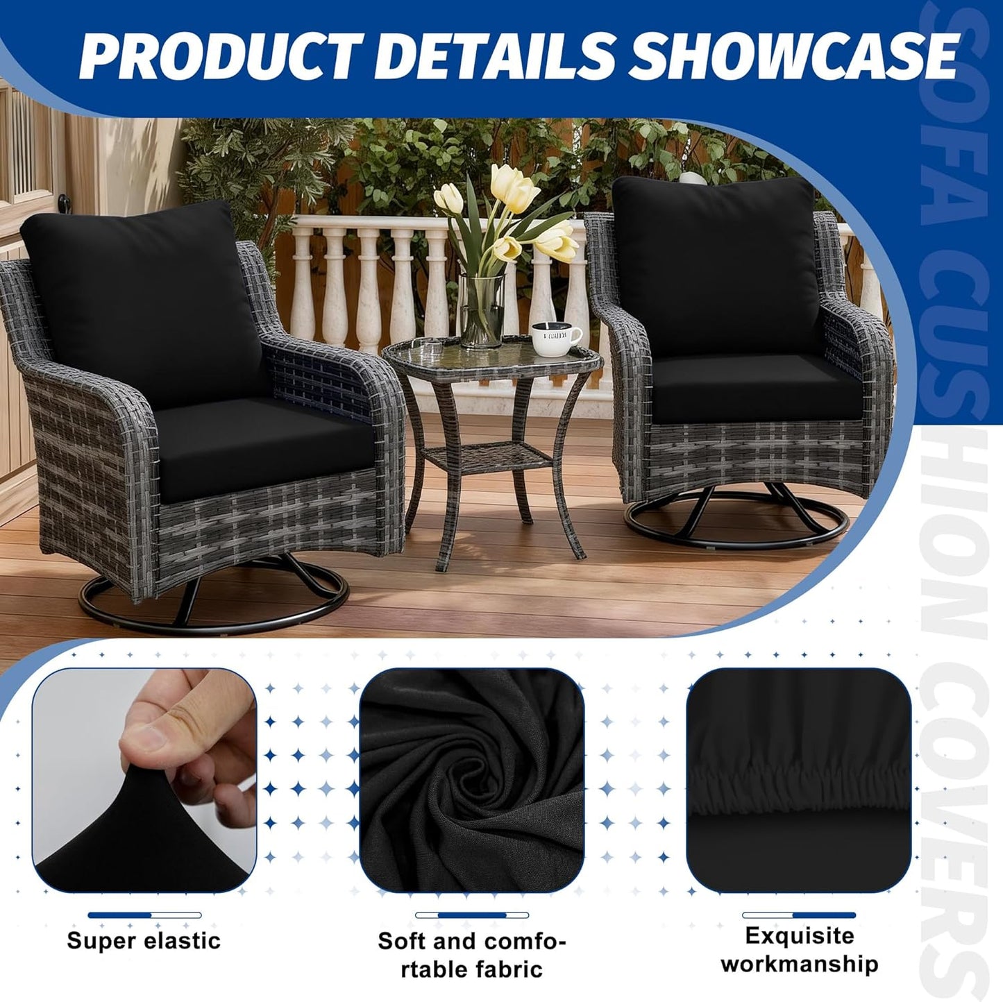 Skiennix Patio Stretch Cushion Covers - Washable Outdoor Sofa Slipcovers for Furniture (4 Pack, Black)