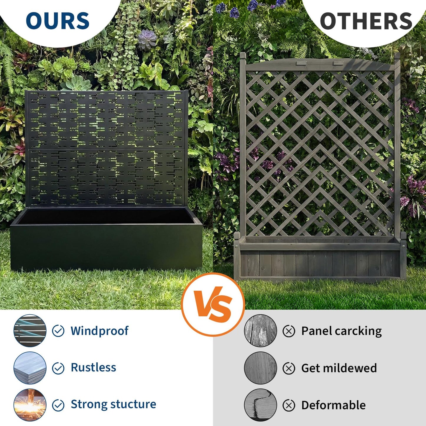 Privacy Planters for Patio, Metal Raised Garden Bed with Trellis and Privacy Screen, 46" x 45" x 15" Planter Box with Drainage Holes for Climbing Plants, Vegetables, Vines, Outdoor Backyard Black