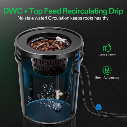 VIVOSUN DWC Hydroponics Grow System with Top Drip Kit, 5-Gallon Deep Water Culture, Recirculating Drip Garden System with Multi-Purpose Air Hose, Air Pump, and Air Stone (4 Buckets + Top Drip Kit)