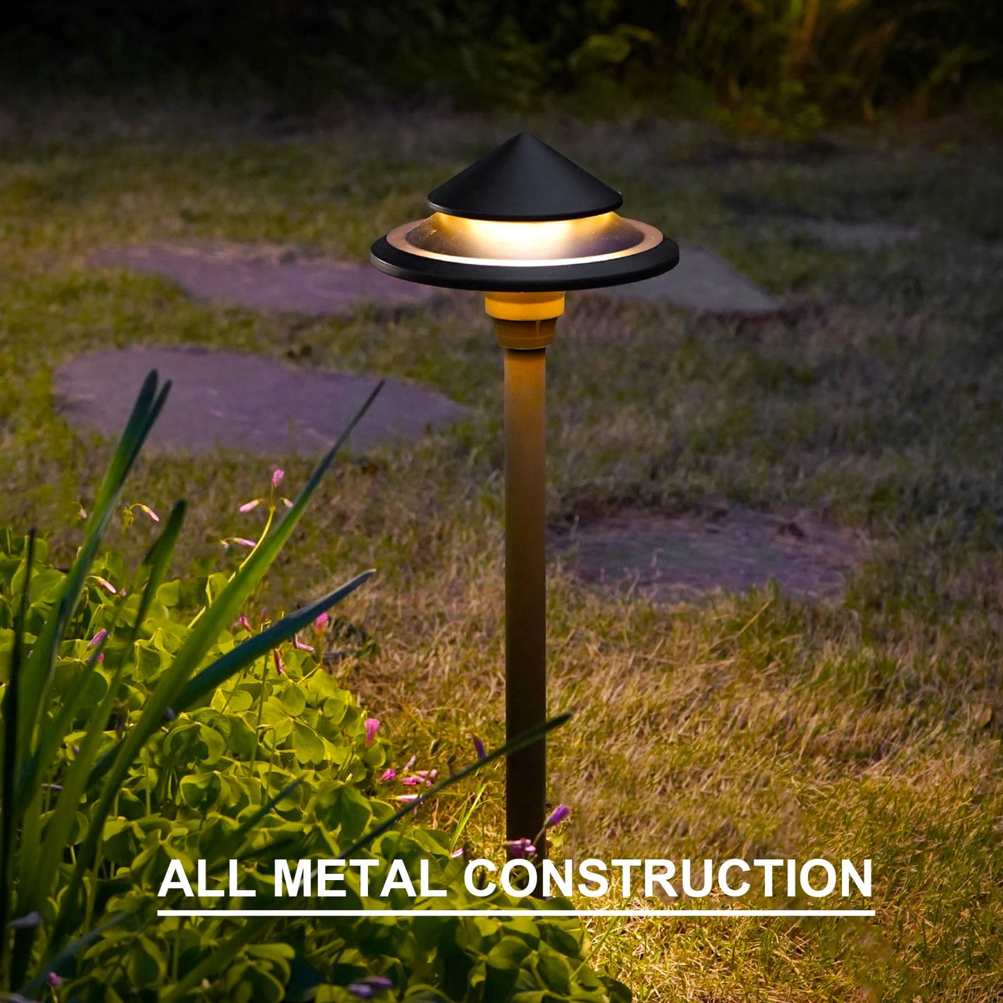GOODSMANN Low Voltage Landscape Lighting 4PK LED Path Lights Oil Rubbed Bronze 4W 32 Lumen Hardwired 2 Tier Pagoda Landscape Pathway Lights 3000K Warm White Metal Stakes Cable Connectors