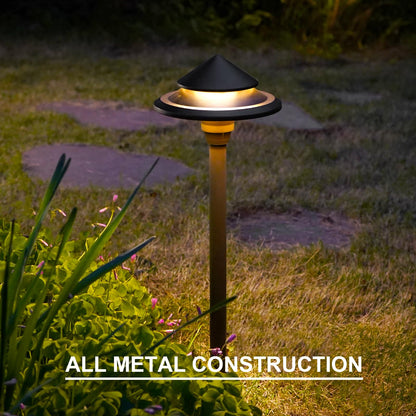 GOODSMANN Low Voltage Landscape Lighting 4PK LED Path Lights Oil Rubbed Bronze 4W 32 Lumen Hardwired 2 Tier Pagoda Landscape Pathway Lights 3000K Warm White Metal Stakes Cable Connectors