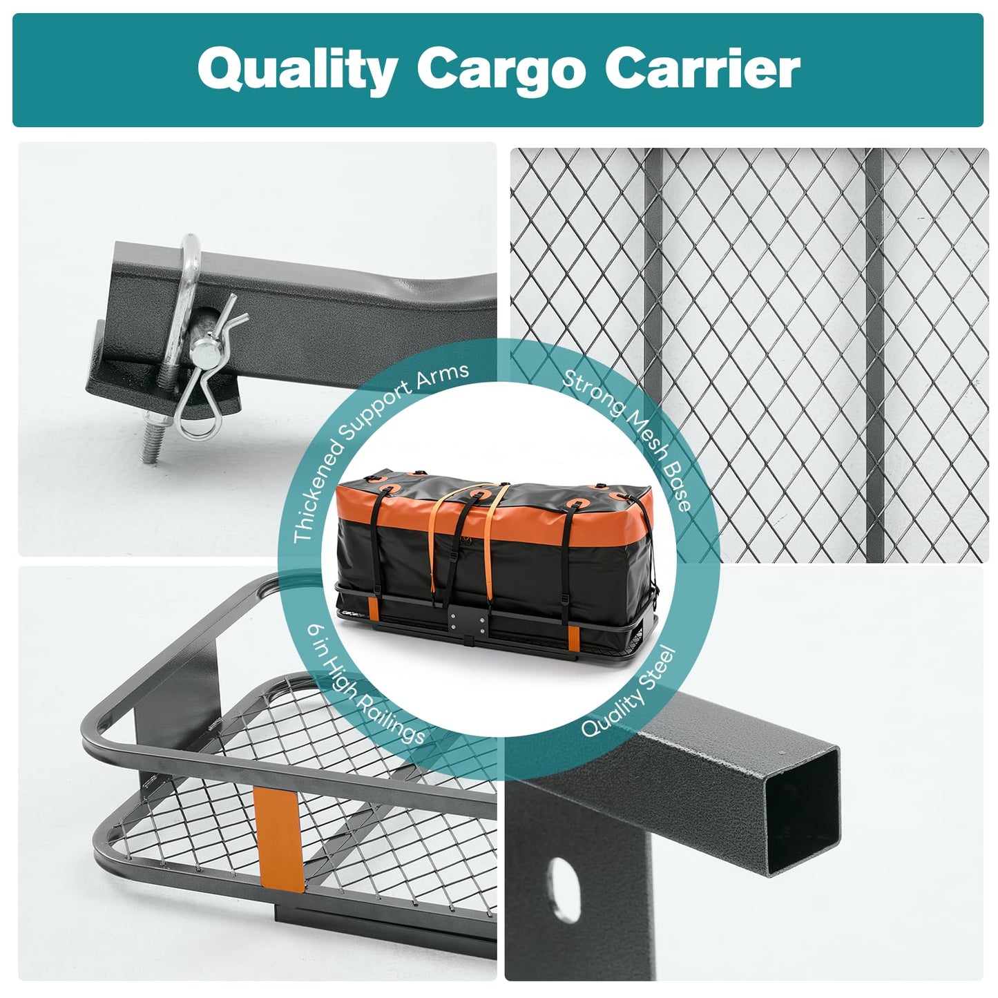 OLIXIS Folding Hitch Mount Cargo Carrier Basket 60x21x6 with Waterproof Luggage Bag, 500 Lbs Capacity Cargo Basket with Hitch Stabilizer, 16 Cubic Feet, Straps, Net