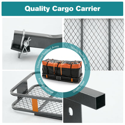 OLIXIS Folding Hitch Mount Cargo Carrier Basket 60x21x6 with Waterproof Luggage Bag, 500 Lbs Capacity Cargo Basket with Hitch Stabilizer, 16 Cubic Feet, Straps, Net