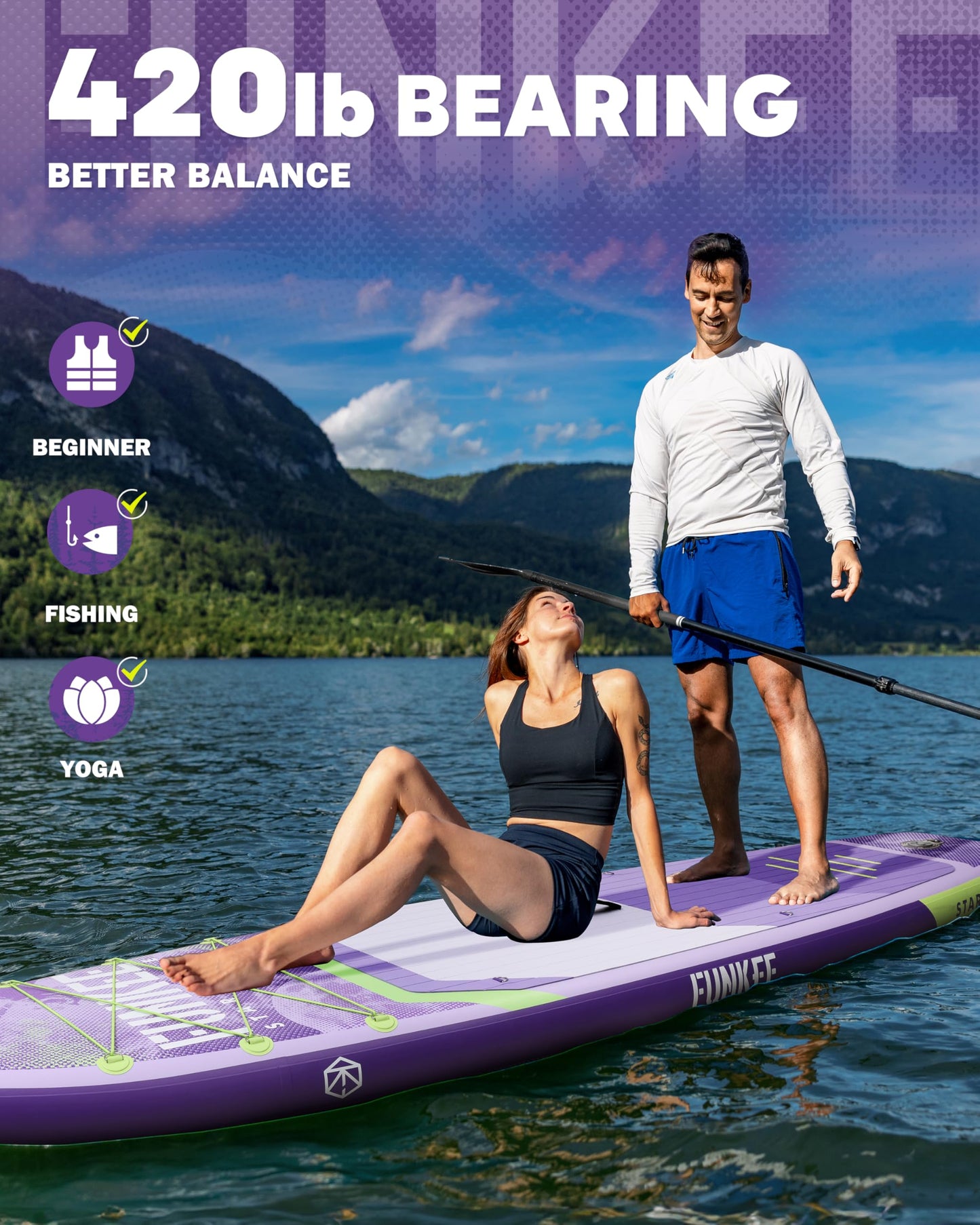 FUNKEE 11’×34"×6" Extra Wide Inflatable Stand Up Paddle Board, Sup Board with Removable Fins, Backpack, Floating Paddle, Safety Leash, Floating Phone Case for Adults & Youth of All Skill Levels