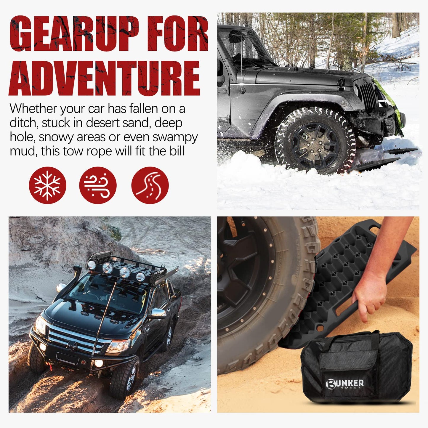 BUNKER INDUST Offroad Traction Boards with Jack Base (Gen 8) Black + Heavy Duty Tow Strap Recovery Kit