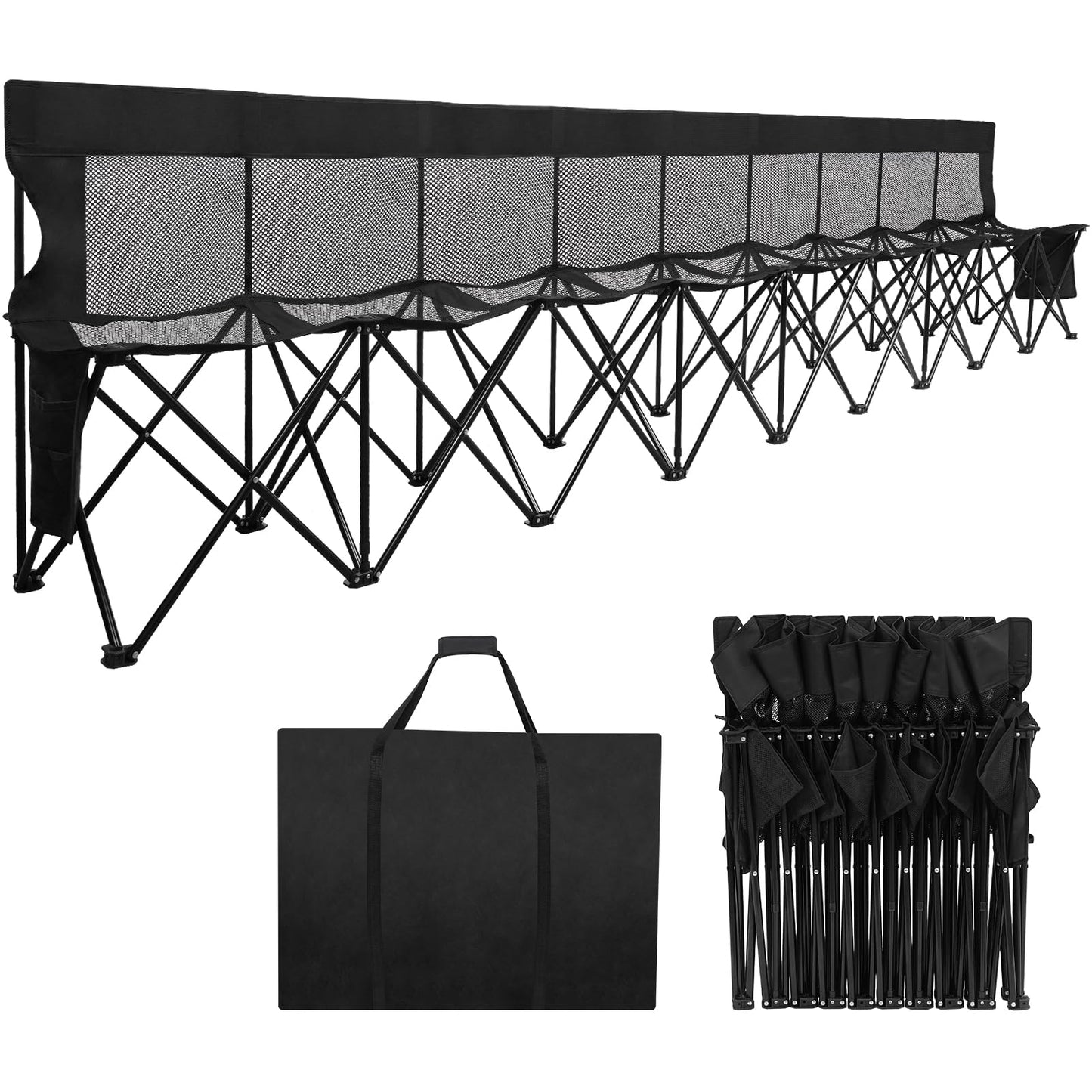 Permade Soccer Bench- Folding Team Bench Soccer 9 Seats, Portable Sideline Sports Benches with Mesh Seat and Back with Bag, Foldable Breathable Chairs for Sports Football Camp Events (Black
