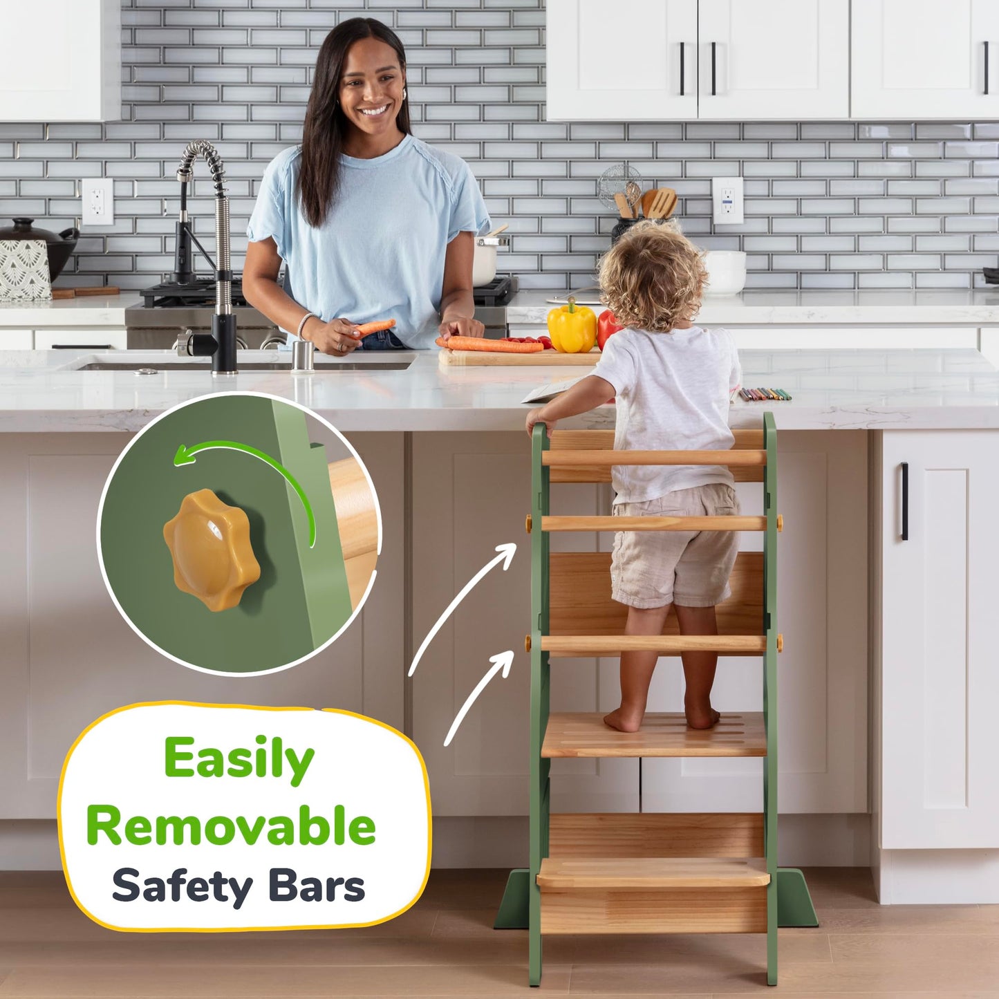 OCODILE Toddler Standing Tower - Adjustable Height Toddler Kitchen Stool Helper - Ideal Kids Kitchen Step Stool for Learning New Skills - Extra Secure with Safety Feet - Green