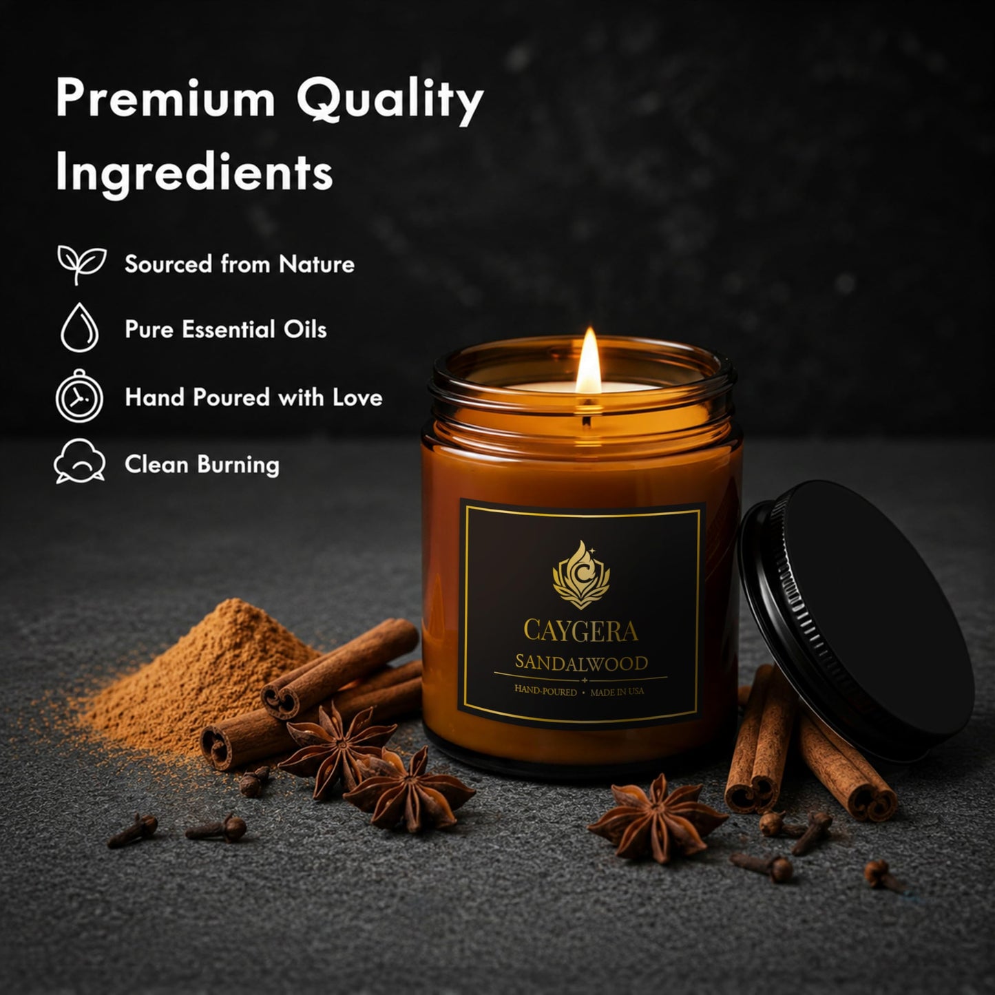 Hand-Poured Candle, Soy Wax Blend Scented Candle, Amber Glass Jar with Lid, Long Burn Time, Small Batch Handmade Home Fragrance Candle for Relaxation & Home Decor (9 Oz, Sandalwood)