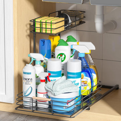 LAMU Under Sink Organizers and Storage, 2 Tier Bathroom Kitchen Cabinet Organizers, Pull Out Under Sink Storage Kitchen Shelf Organizer for Under Counter Storage