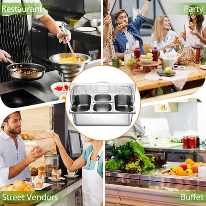 Ziliny 4 Pans Countertop Ice Food Serving Display Container and Clear Roll Top Cover Stainless Steel Condiment Dispenser Serving Tray Salad Bar Buffet Station for Restaurant Hotel Kitchen Party