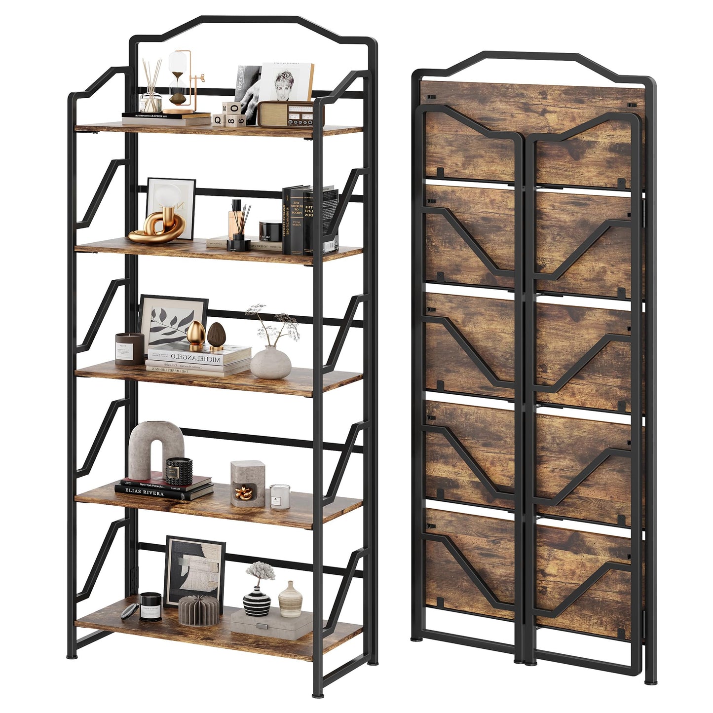 JSB 5 Tier No Assembly Folding Bookshelf, Foldable Storage Bookcase for Home Office, Space-Saving Storage Shelf for Living Room, Bedroom (Rustic Brown, 5-Tier)